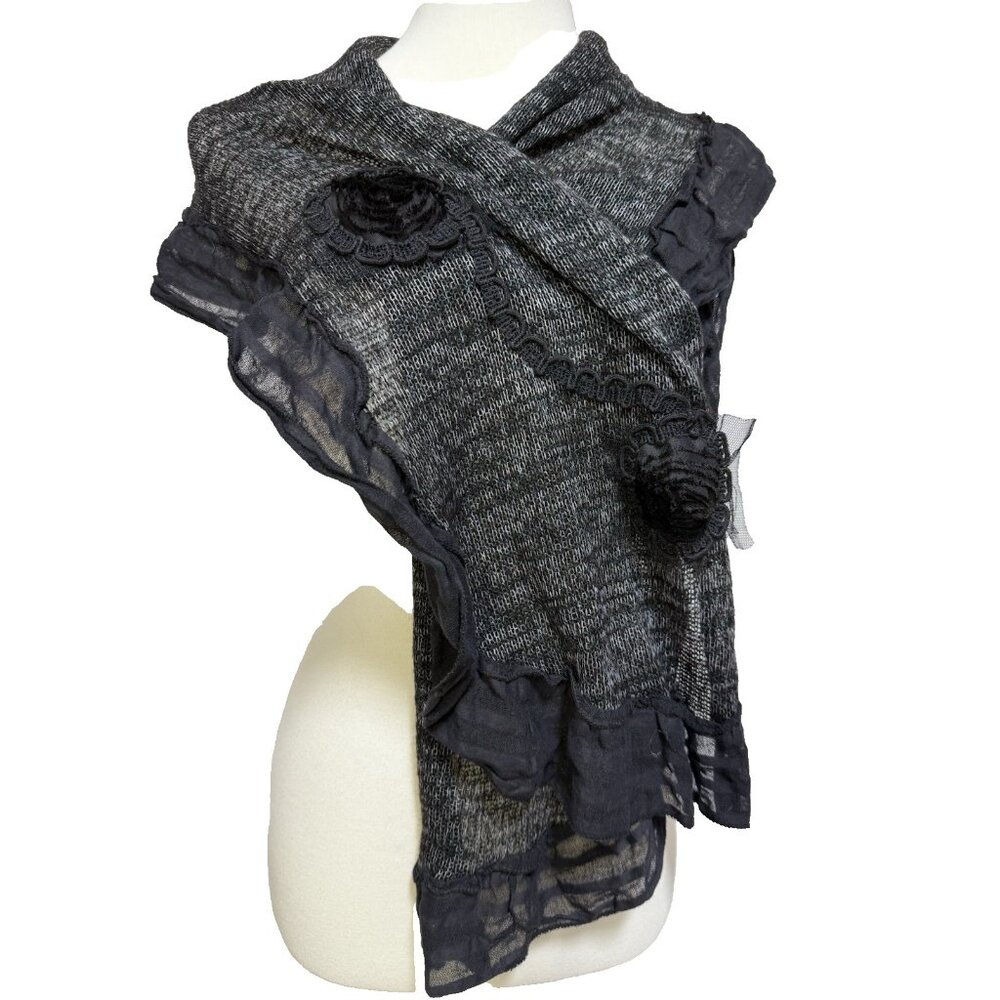 Womens Neck Scarf White Black Rosette Black Ruffle Knit 74" x13" Winter Warm